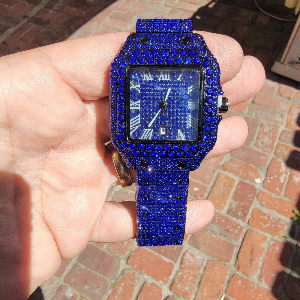 NWT Cobalt Blue Square Mens Watch Iced Pavé 41mm Roman Numeral Date Illuminated